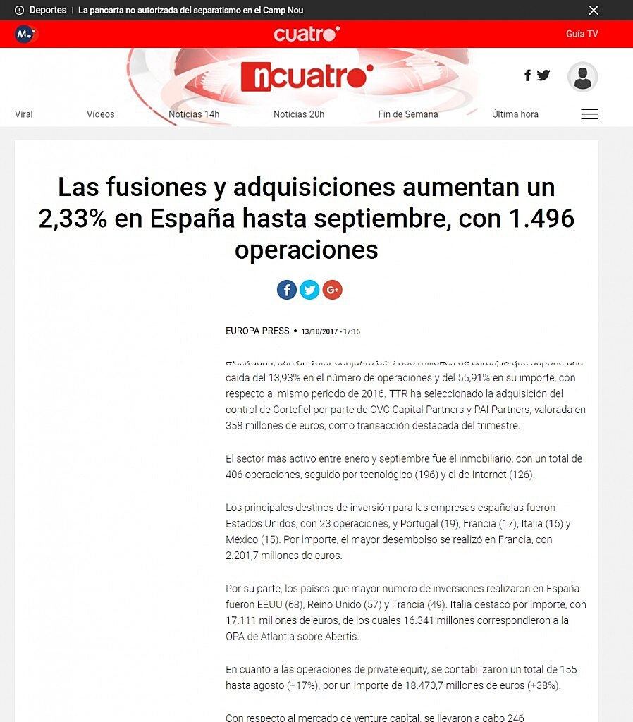 Las fusiones y adquisiciones aumentan un 2,33% en Espaa hasta septiembre, con 1.496 operaciones